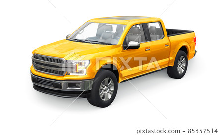 A large modern pickup truck with a double cab, glowing headlights on a white uniform background. 3d rendering. A large modern pickup truck with a double cab, glowing headlights on a white uniform background. 3d rendering. 85357514