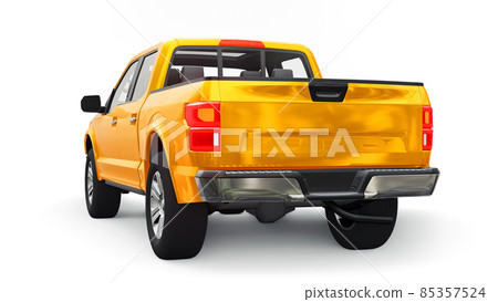 A large modern pickup truck with a double cab, glowing headlights on a white uniform background. 3d rendering. A large modern pickup truck with a double cab, glowing headlights on a white uniform background. 3d rendering. 85357524
