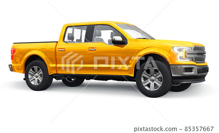 A large modern pickup truck with a double cab, glowing headlights on a white uniform background. 3d rendering. A large modern pickup truck with a double cab, glowing headlights on a white uniform background. 3d rendering. 85357667