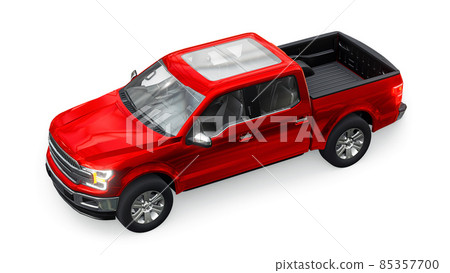 A large modern pickup truck with a double cab, glowing headlights on a white uniform background. 3d rendering. A large modern pickup truck with a double cab, glowing headlights on a white uniform background. 3d rendering. 85357700