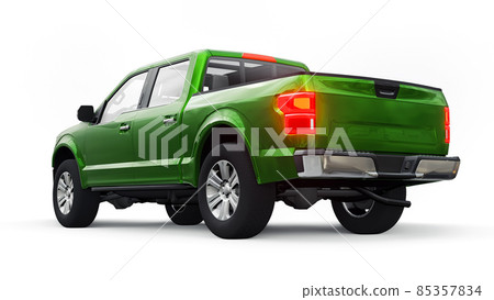 A large blue modern pickup truck with a double cab, glowing headlights on a white uniform background. 3d rendering. A large blue modern pickup truck with a double cab, glowing headlights on a white uniform background. 3d rendering. 85357834