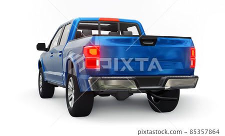 A large blue modern pickup truck with a double cab, glowing headlights on a white uniform background. 3d rendering. A large blue modern pickup truck with a double cab, glowing headlights on a white uniform background. 3d rendering. 85357864