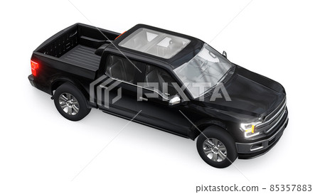 A large blue modern pickup truck with a double cab, glowing headlights on a white uniform background. 3d rendering. A large blue modern pickup truck with a double cab, glowing headlights on a white uniform background. 3d rendering. 85357883