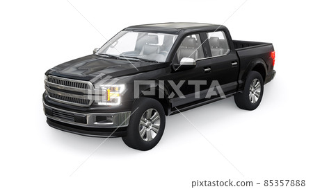 A large blue modern pickup truck with a double cab, glowing headlights on a white uniform background. 3d rendering. A large blue modern pickup truck with a double cab, glowing headlights on a white uniform background. 3d rendering. 85357888