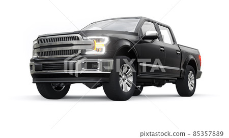 A large blue modern pickup truck with a double cab, glowing headlights on a white uniform background. 3d rendering. A large blue modern pickup truck with a double cab, glowing headlights on a white uniform background. 3d rendering. 85357889
