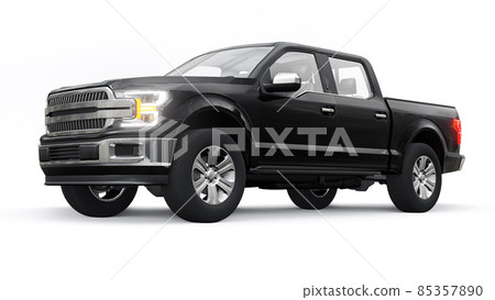 A large blue modern pickup truck with a double cab, glowing headlights on a white uniform background. 3d rendering. A large blue modern pickup truck with a double cab, glowing headlights on a white uniform background. 3d rendering. 85357890