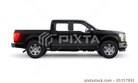 A large blue modern pickup truck with a double cab, glowing headlights on a white uniform background. 3d rendering. A large blue modern pickup truck with a double cab, glowing headlights on a white uniform background. 3d rendering. 85357891