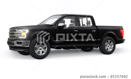 A large blue modern pickup truck with a double cab, glowing headlights on a white uniform background. 3d rendering. 85357892