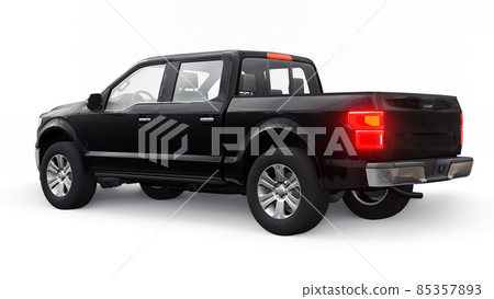 A large blue modern pickup truck with a double cab, glowing headlights on a white uniform background. 3d rendering. A large blue modern pickup truck with a double cab, glowing headlights on a white uniform background. 3d rendering. 85357893