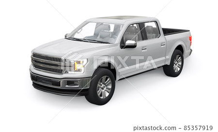 A large modern pickup truck with a double cab, glowing headlights on a white uniform background. 3d rendering. A large modern pickup truck with a double cab, glowing headlights on a white uniform background. 3d rendering. 85357919