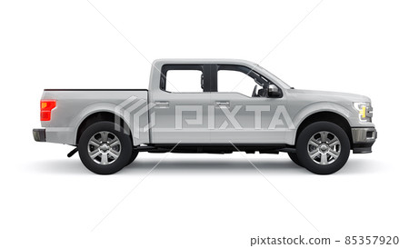 A large modern pickup truck with a double cab, glowing headlights on a white uniform background. 3d rendering. A large modern pickup truck with a double cab, glowing headlights on a white uniform background. 3d rendering. 85357920