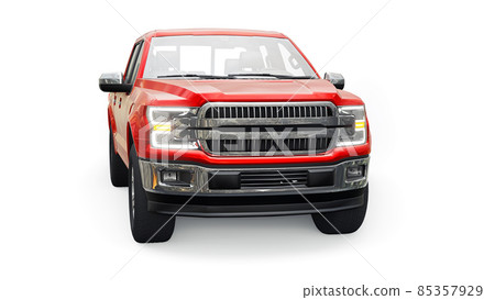 A large blue modern pickup truck with a double cab, glowing headlights on a white uniform background. 3d rendering. A large blue modern pickup truck with a double cab, glowing headlights on a white uniform background. 3d rendering. 85357929