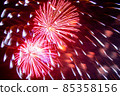 Red and white fireworks on background of night sky, close-up. Concept of holiday. 85358156