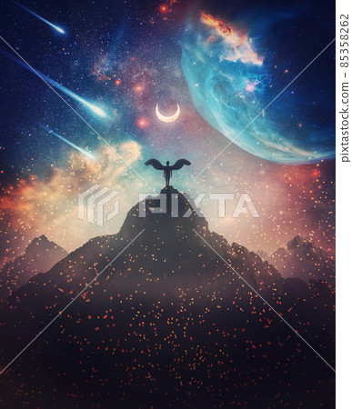 Fantastic creature with angel wings on the top of a mountain against marvelous cosmic sky background. Surreal scene with a celestial messenger or space guardian watching the horizon Fantastic creature with angel wings on the top of a mountain against marvelous cosmic sky background. Surreal scene with a celestial messenger or space guardian watching the horizon 85358262