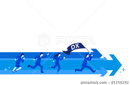 DX 促銷的圖像插圖，一名商人與手持 DX 旗的領導者一起奔跑 85358292