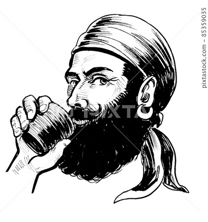 Pirate drinking rum. Ink black and white drawing 85359035