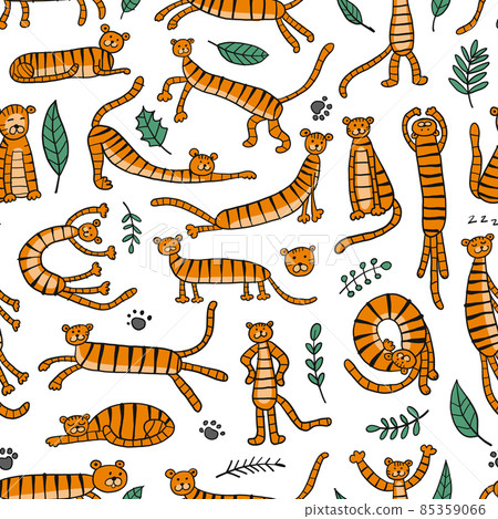 Collection of tigers and tropical leaves. Seamless Pattern for your design 85359066