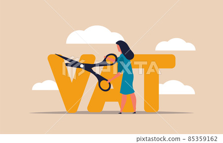 Vat economic budget after coronavirus and money taxes. Woman with scissors cutting income cash vector illustration concept. People refund value and percent business. Commission tax and debt reduce 85359162