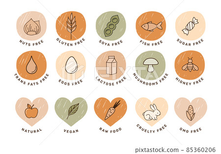 Hand drawn allergens icon. Collection of gluten free, fish, egg, nuts, soya, milk, dairy free icons 85360206