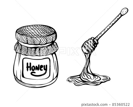 a jug of honey and a honey stick. Bee honey. a jug of honey and a honey stick. Bee honey. 85360522