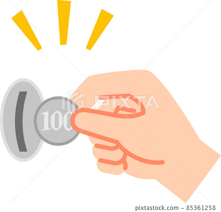 A hand to insert a 100-yen coin into the coin slot A hand to insert a 100-yen coin into the coin slot 85361258