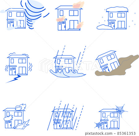 Detached house in various natural disasters_Vector illustration set_Blue 85361353