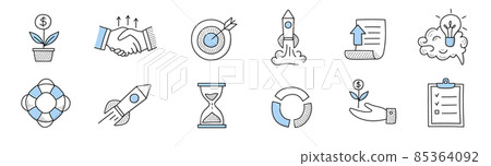 Startup doodle icons with rocket, money, target 85364092