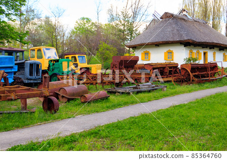 Old equipment for cultivating agricultural fields in Open air Museum of Folk Architecture and Folkways of Middle Naddnipryanschina in Pereyaslav, Ukraine 85364760
