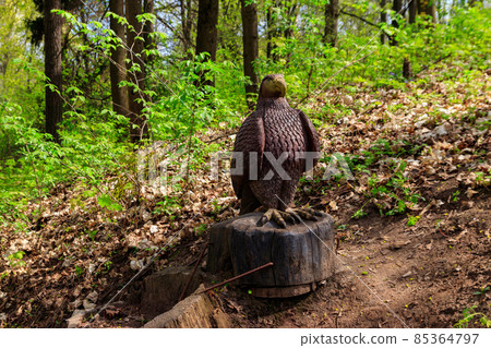 Wooden sculpture of eagle in the Krasnokutsk park, Kharkiv region, Ukraine 85364797