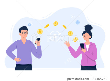 Woman send money from smartphone to male colleague or coworker. People make contactless cash or currency transactions on the internet. Easy banking concept. Vector flat illustration. Woman send money from smartphone to male colleague or coworker. People make contactless cash or currency transactions on the internet. Easy banking concept. Vector flat illustration. 85365739