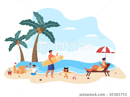 Family Time of Joyful Parents and Children Spending Time Together at Beach Doing Various Relaxing Activities in Cartoon Flat Illustration for Poster or Background 85365753