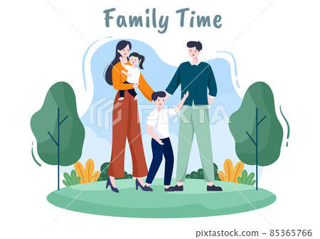Family Time of Joyful Parents and Children Spending Time Together at Park Doing Various Relaxing Activities in Cartoon Flat Illustration for Poster or Background 85365766