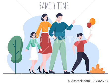 Family Time of Joyful Parents and Children Spending Time Together at Park Doing Various Relaxing Activities in Cartoon Flat Illustration for Poster or Background 85365767