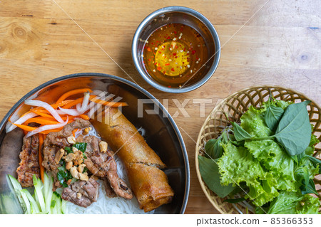 Close up photo of famous Vietnam food - bun thit nuong Close up photo of famous Vietnam food - bun thit nuong 85366353