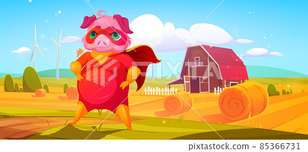 Pig superhero in red costume on farm field Pig superhero in red costume on farm field 85366731