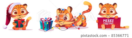 Christmas set with funny tiger in red hat Christmas set with funny tiger in red hat 85366771