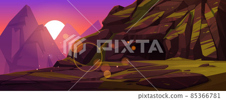 Mountains with entrance to dark cave at sunset 85366781