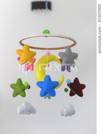 Colorful Baby crib mobile hanging, kids room decoration music toy, Handmade felt cot mobile with fluffy clouds, stars and the moon. 85367009