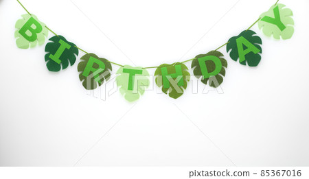 Happy Birthday name banner in white background, Green leaf pattern themed garland. Happy Birthday name banner in white background, Green leaf pattern themed garland. 85367016