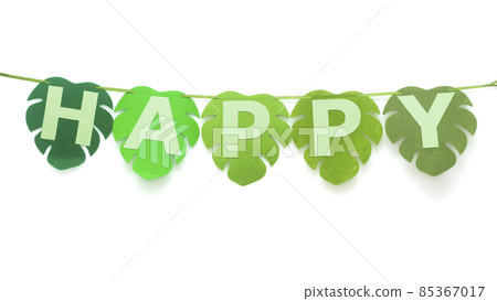 Happy Birthday name banner in white background, Green leaf pattern themed garland. Happy Birthday name banner in white background, Green leaf pattern themed garland. 85367017