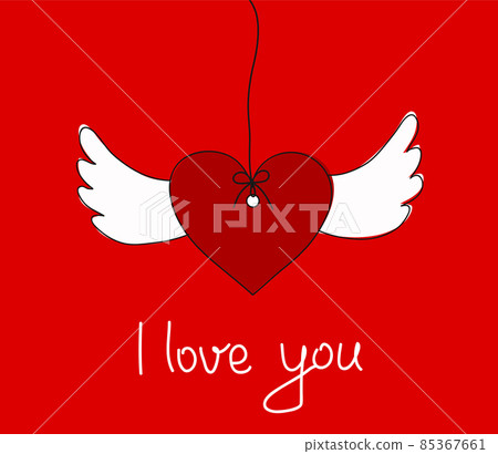 I Love You Greeting Card with Hanging Heart & Wings, stock vector illustration 85367661