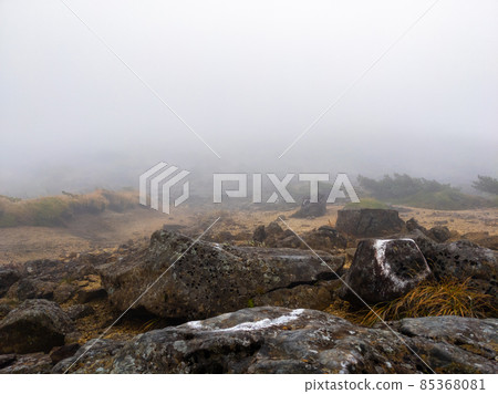 Rocky mountain road surrounded by thick fog (Yamagata Prefecture, Zao Mountain Range, Kumanodake) 85368081