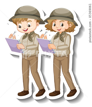 Couple kids wear safari outfit cartoon character sticker 85369061