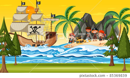 Treasure Island scene at sunset time with Pirate kids Treasure Island scene at sunset time with Pirate kids 85369839