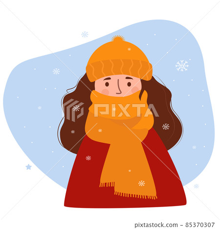 Portrait of frozen winter girl. woman in hat, wrapped up to her nose in warm scarf against background of snowflakes. Vector illustration. Character in flat style for winter design, decor. 85370307