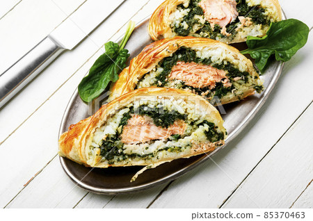 Salmon baked in dough. Salmon baked in dough. 85370463