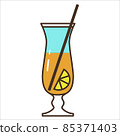 Vector drawing icon of an elongated cocktail glass. Two-tone cocktail with a slice of lemon. 85371403