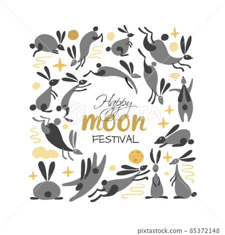Funny rabbits. Mid-autumn festival elements. Bunny collection. Vector illustration 85372148
