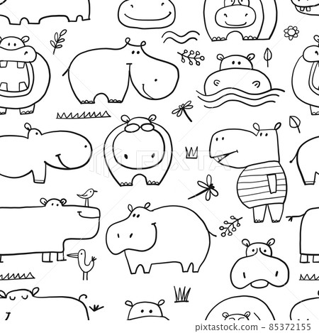 Hippopotamus family, cute hippo characters. Seamless Pattern Background for your design Hippopotamus family, cute hippo characters. Seamless Pattern Background for your design 85372155