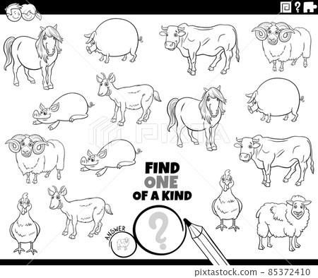 one of a kind task with funny farm animals coloring book page 85372410